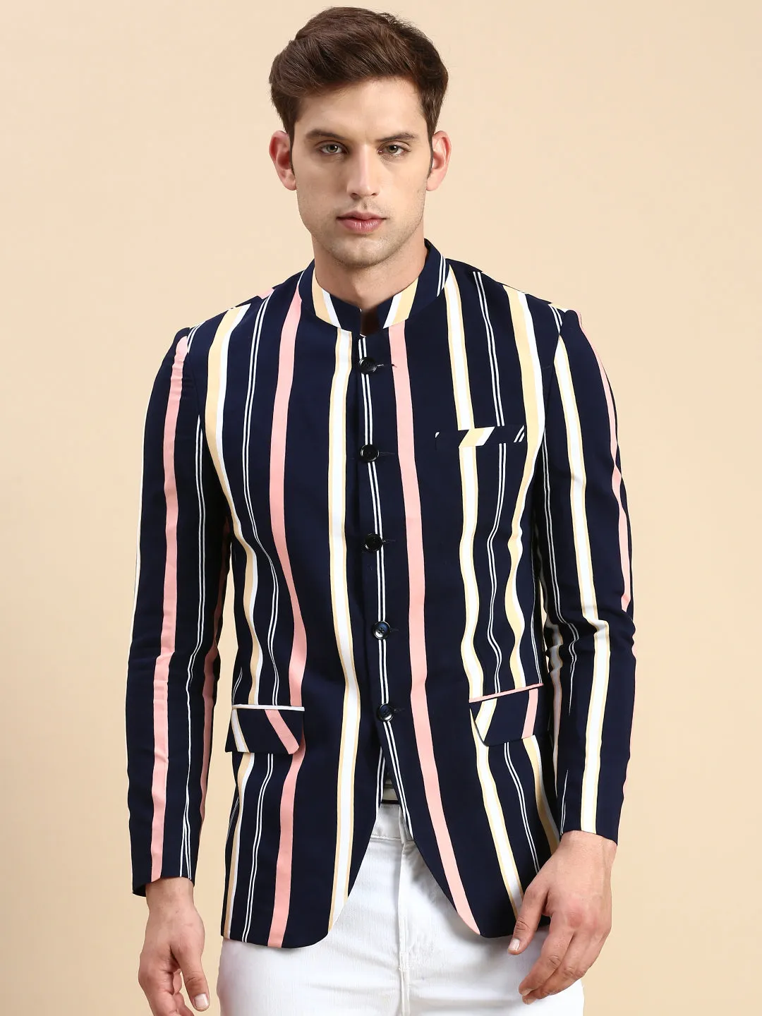Men Navy Blue Striped Slim Fit Bandhgala Blazer
