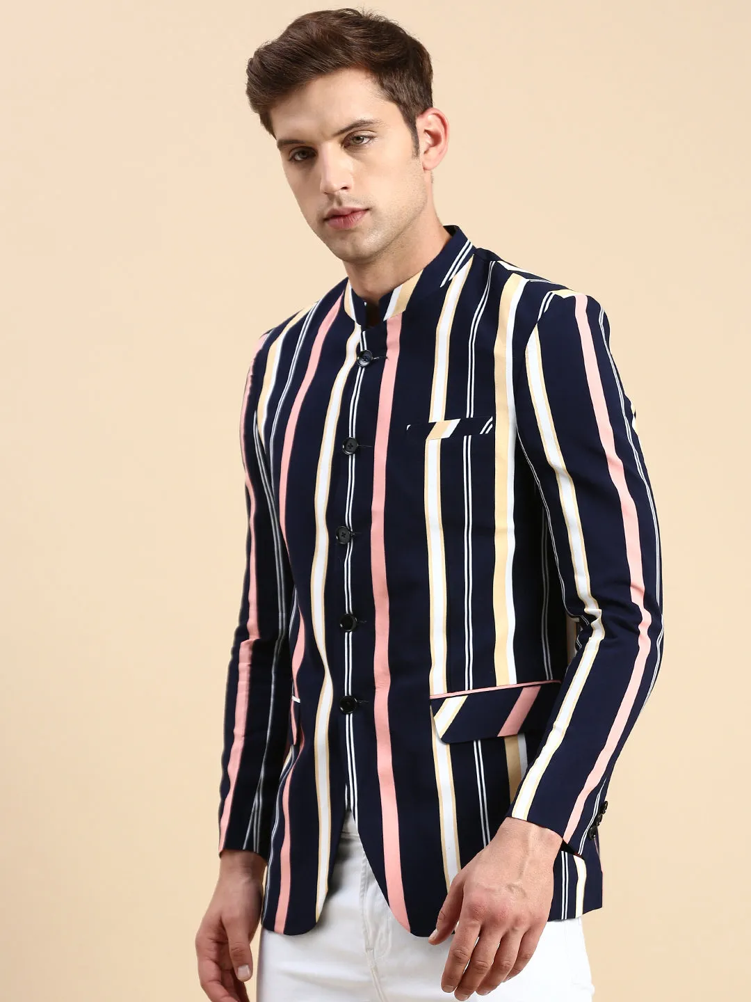 Men Navy Blue Striped Slim Fit Bandhgala Blazer
