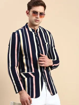 Men Navy Blue Striped Slim Fit Bandhgala Blazer