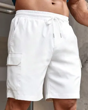Men Patched Flap Pockets White Cargo Shorts
