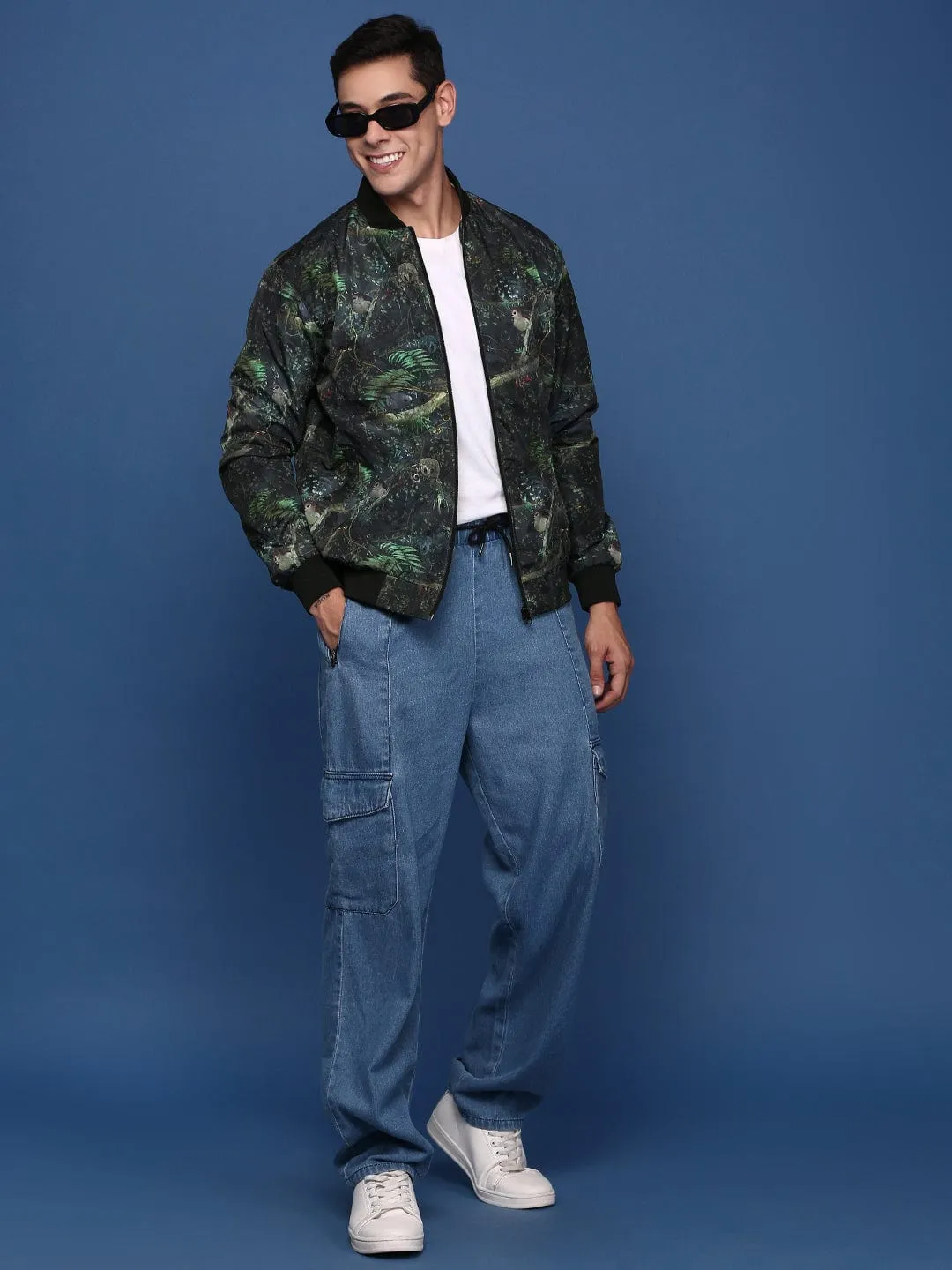 Men Printed Green Bomber Cotton Jacket