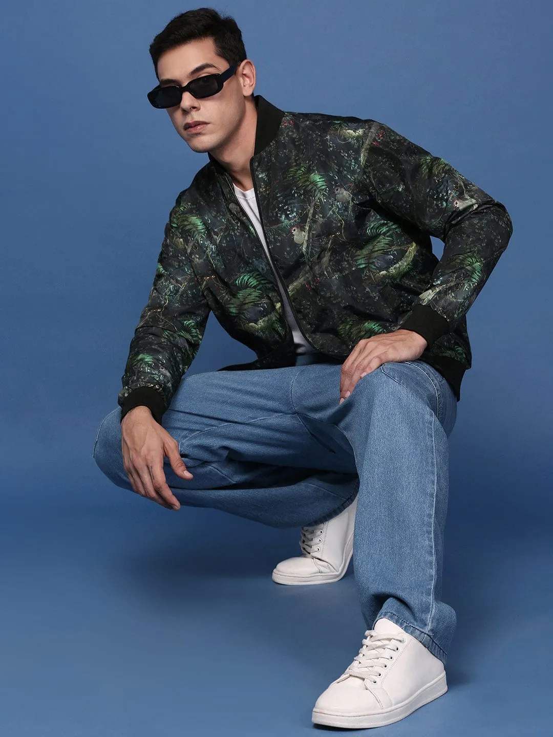Men Printed Green Bomber Cotton Jacket
