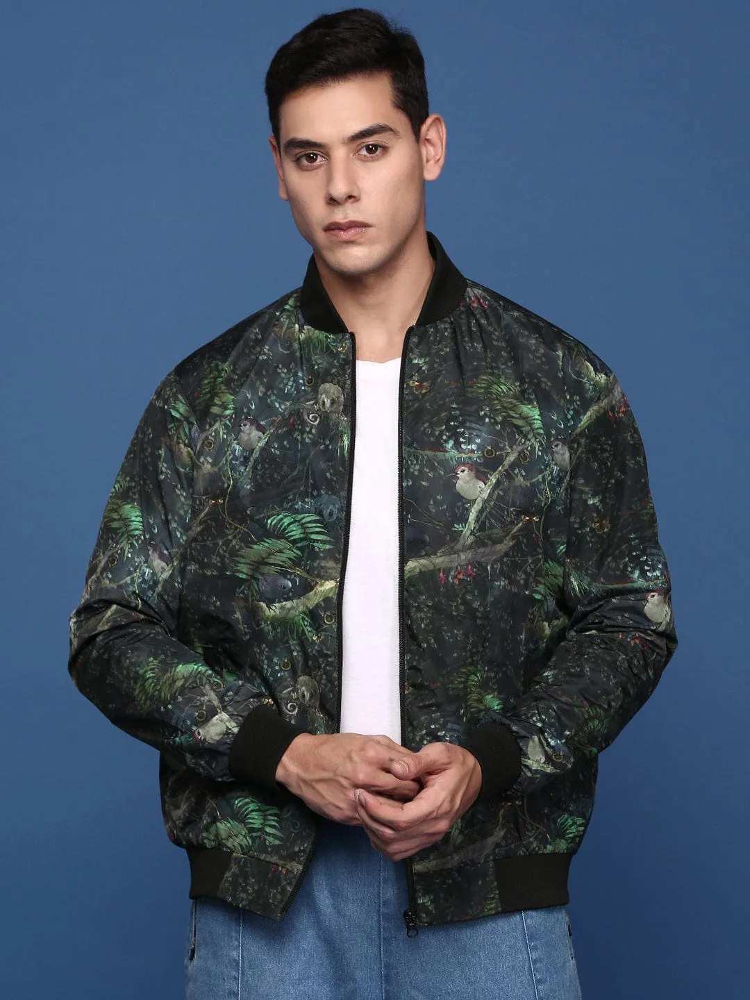 Men Printed Green Bomber Cotton Jacket