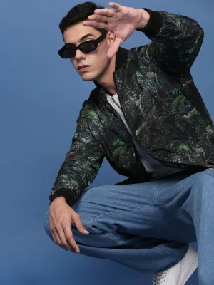 Men Printed Green Bomber Cotton Jacket