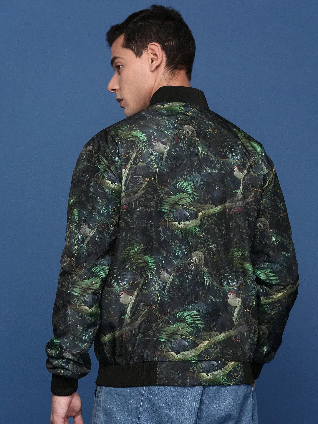 Men Printed Green Bomber Cotton Jacket