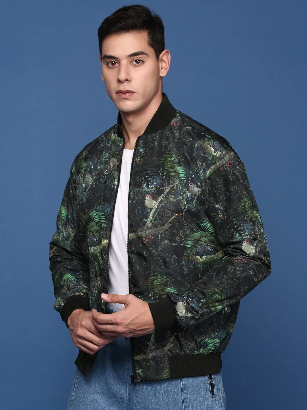 Men Printed Green Bomber Cotton Jacket