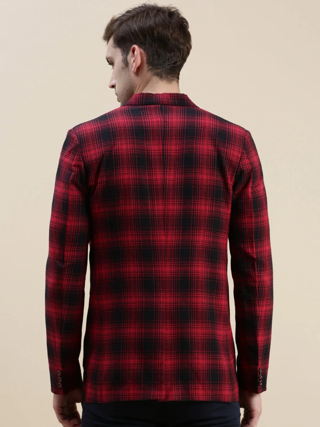 Men Red Checked Single-Breasted Slim-Fit Blazer