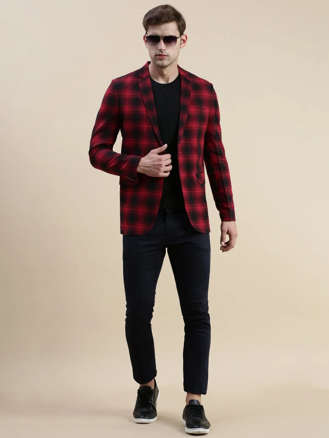 Men Red Checked Single-Breasted Slim-Fit Blazer