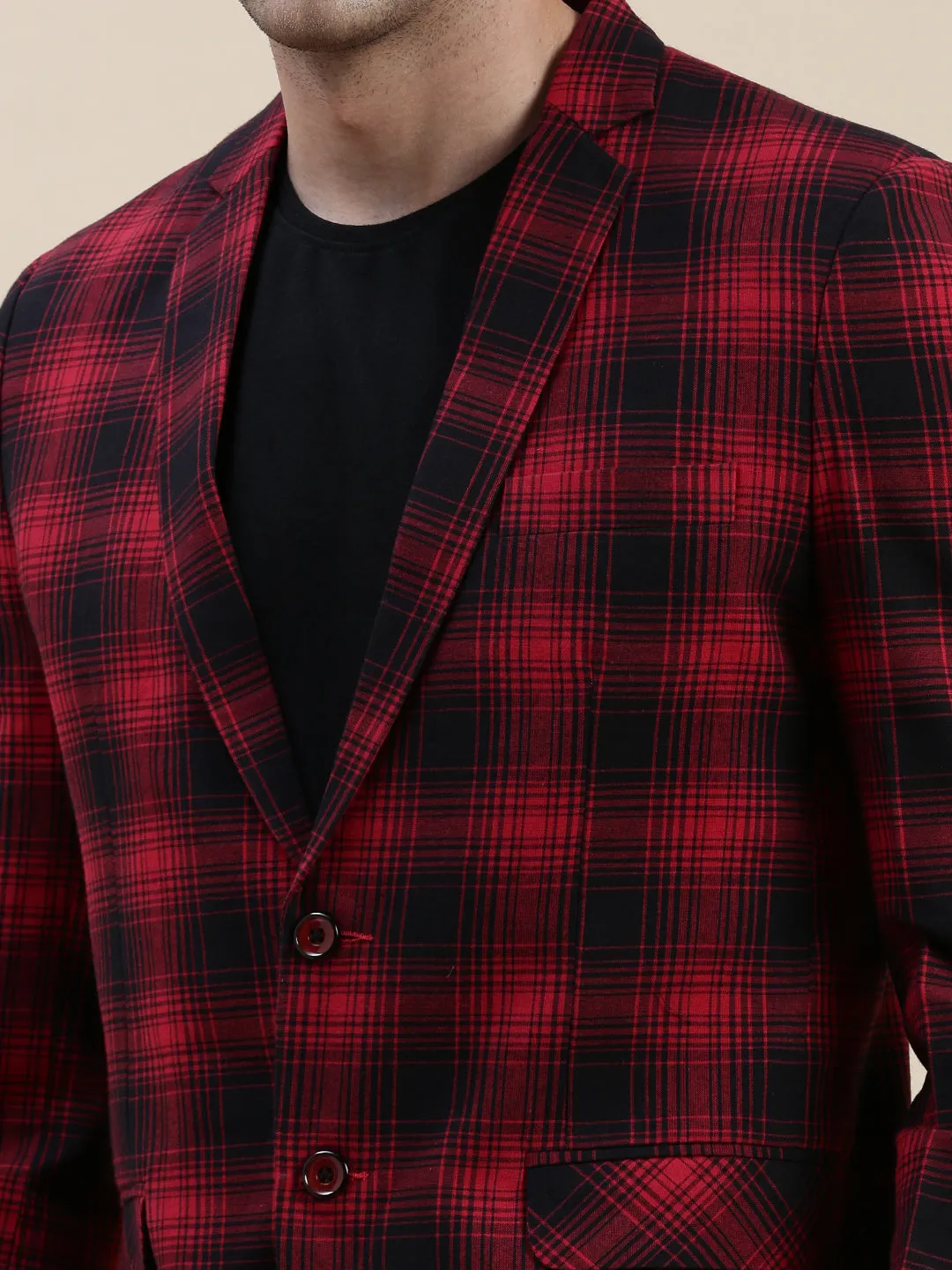 Men Red Checked Single-Breasted Slim-Fit Blazer