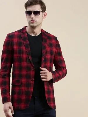 Men Red Checked Single-Breasted Slim-Fit Blazer
