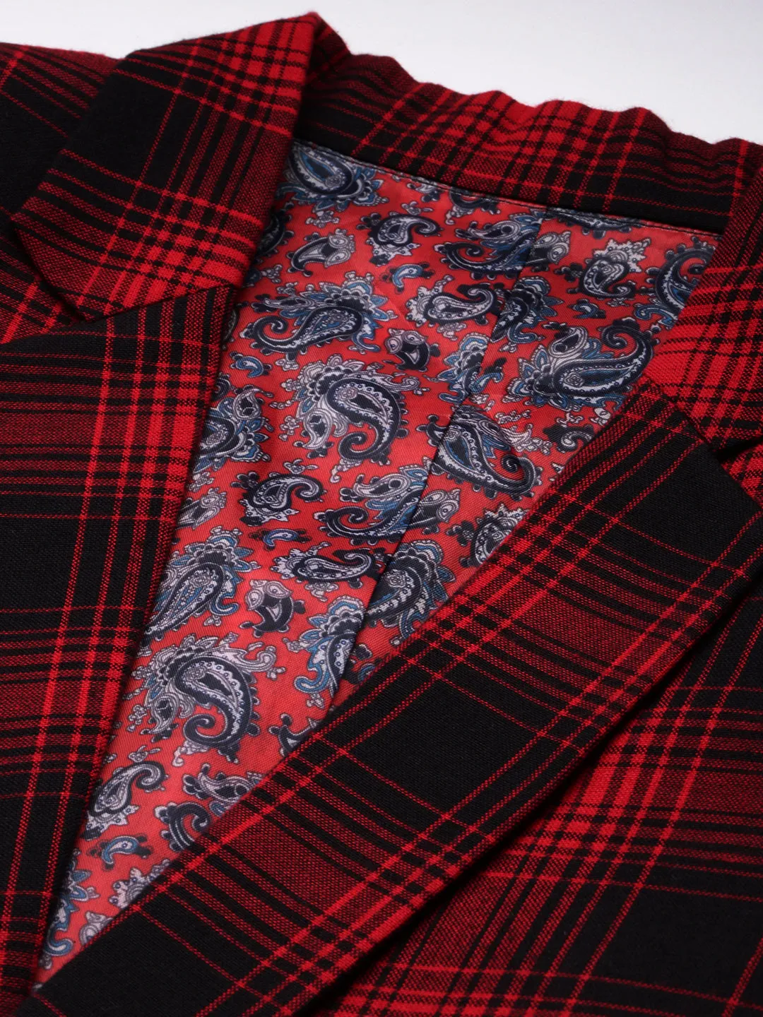 Men Red Checked Single-Breasted Slim-Fit Blazer