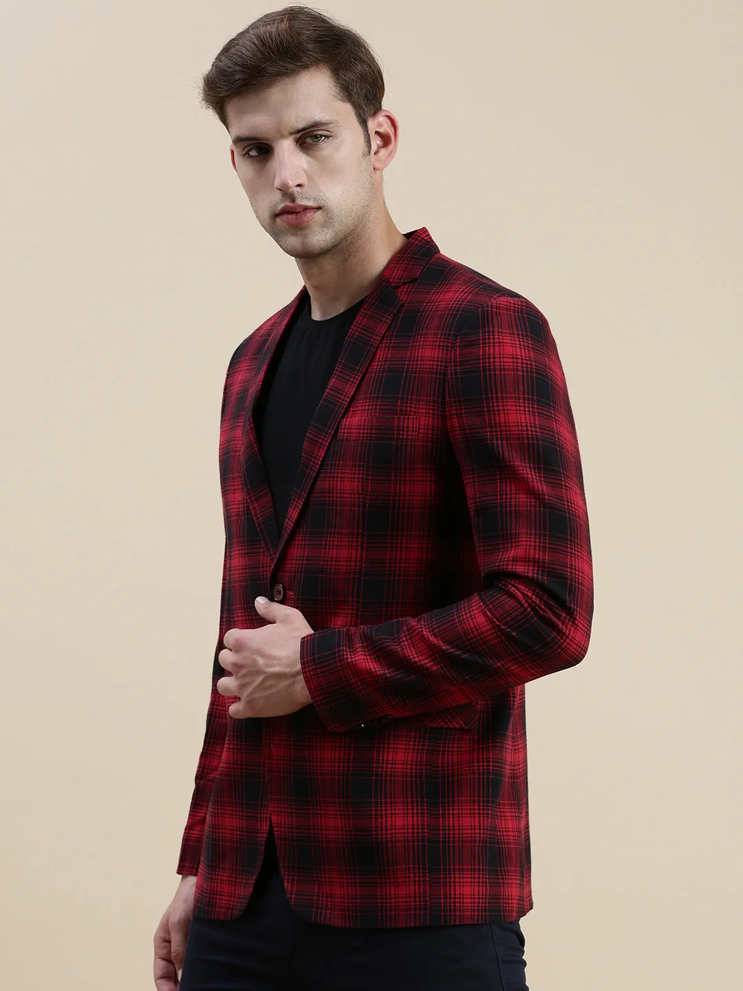 Men Red Checked Single-Breasted Slim-Fit Blazer