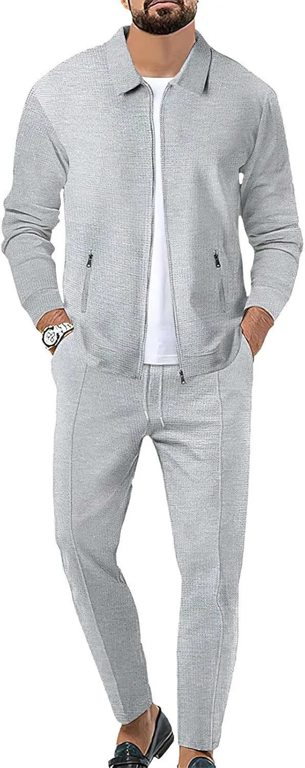 Men's Full Zip Polo Jacket & Drawstring Pants Set 2pcs Regular Fit Casual Sport Tracksuit with Pockets