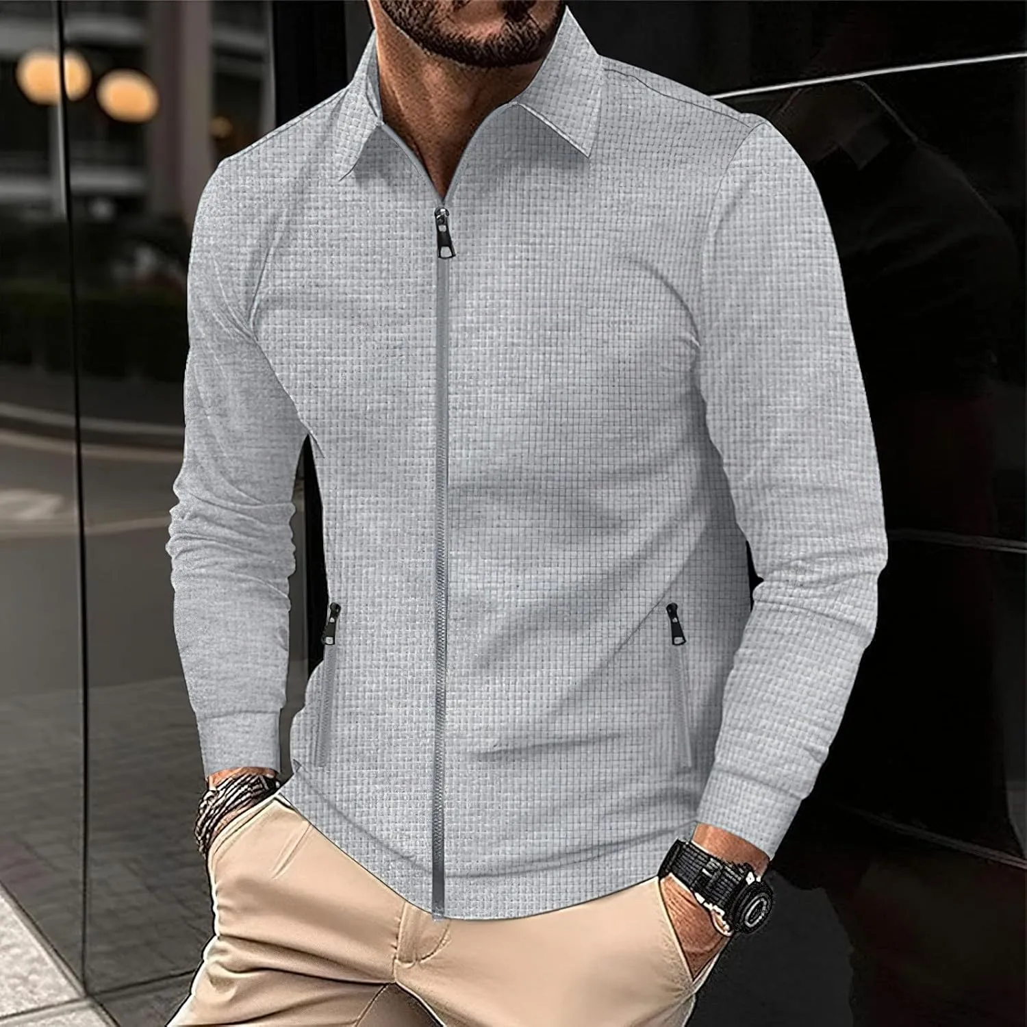 Men's Full Zip Polo Jacket & Drawstring Pants Set 2pcs Regular Fit Casual Sport Tracksuit with Pockets