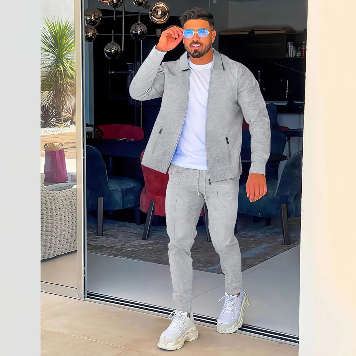Men's Full Zip Polo Jacket & Drawstring Pants Set 2pcs Regular Fit Casual Sport Tracksuit with Pockets