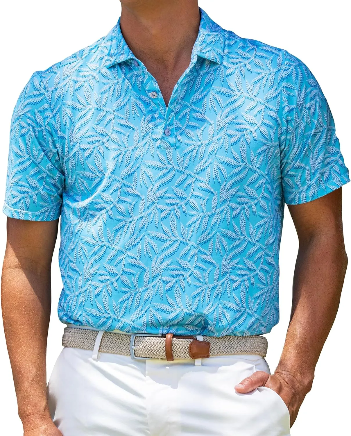 Mens Moisture Wicking Regular Fit Quick Dry Performance Golf Polo Short Sleeve Shirt (US, Alpha, Large, Regular, Regular, LEAFSHORE_Light_Blue)