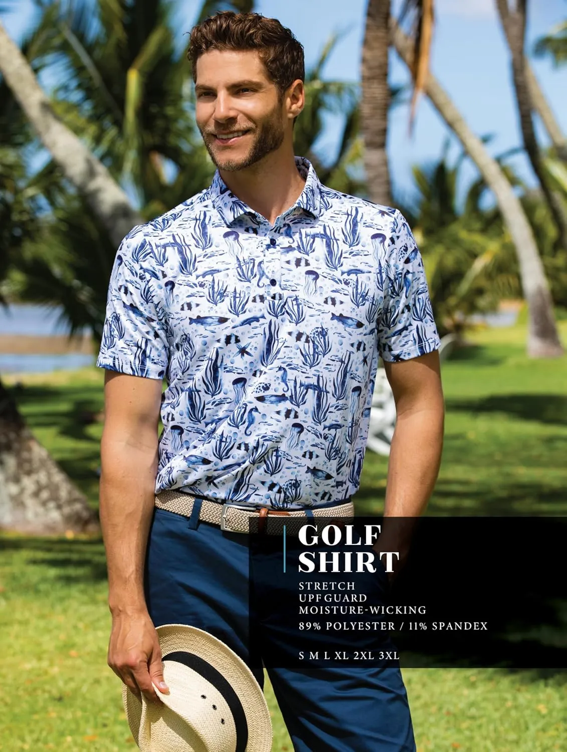 Mens Moisture Wicking Regular Fit Quick Dry Performance Golf Polo Short Sleeve Shirt (US, Alpha, Large, Regular, Regular, LEAFSHORE_Light_Blue)