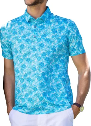 Mens Moisture Wicking Regular Fit Quick Dry Performance Golf Polo Short Sleeve Shirt (US, Alpha, Large, Regular, Regular, Pineapple_Garden_Aqua)