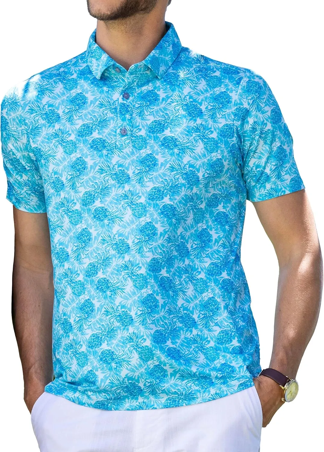 Mens Moisture Wicking Regular Fit Quick Dry Performance Golf Polo Short Sleeve Shirt (US, Alpha, Large, Regular, Regular, Pineapple_Garden_Aqua)