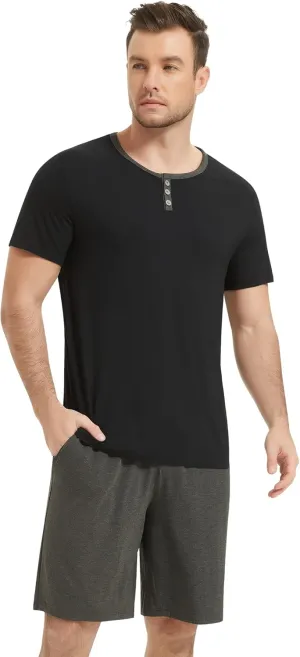 NACHILA Men's Pajamas Set-Viscose Made from Bamboo, Soft Sleepwear Short Sleeve Pjs Top with Shorts Cool Loungewear