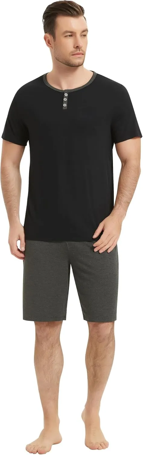 NACHILA Men's Pajamas Set-Viscose Made from Bamboo, Soft Sleepwear Short Sleeve Pjs Top with Shorts Cool Loungewear