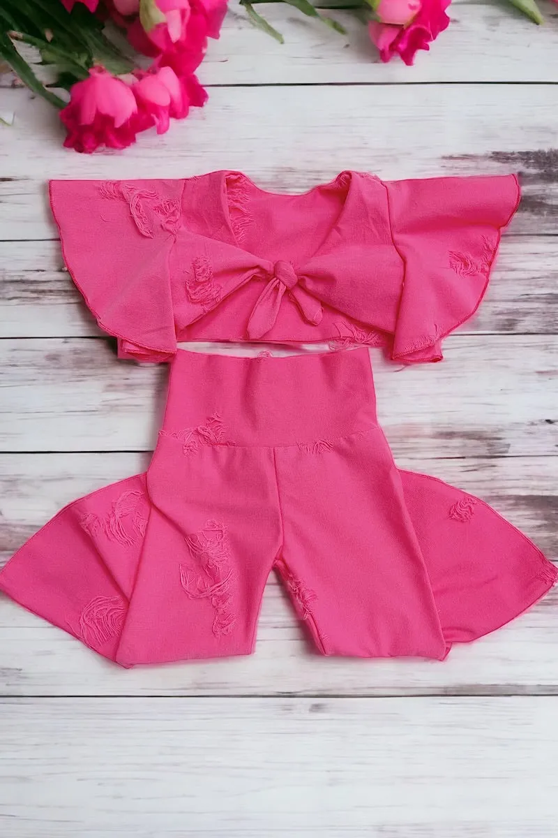 neon pink distressed bell  pants. K-DLH2304K-amy