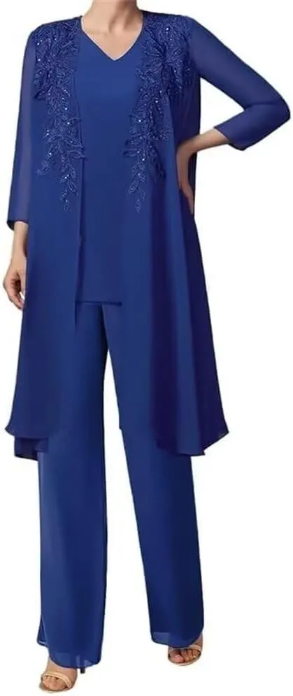 Pants Suits 3 Pieces Mother of The Bride Wedding Guest Dresses Chiffon with Jacket