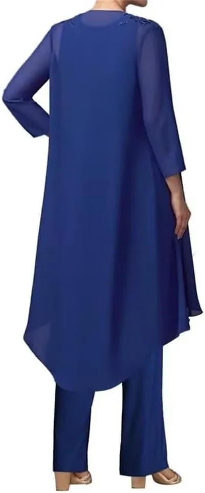 Pants Suits 3 Pieces Mother of The Bride Wedding Guest Dresses Chiffon with Jacket