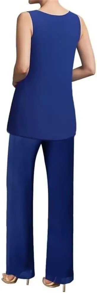 Pants Suits 3 Pieces Mother of The Bride Wedding Guest Dresses Chiffon with Jacket