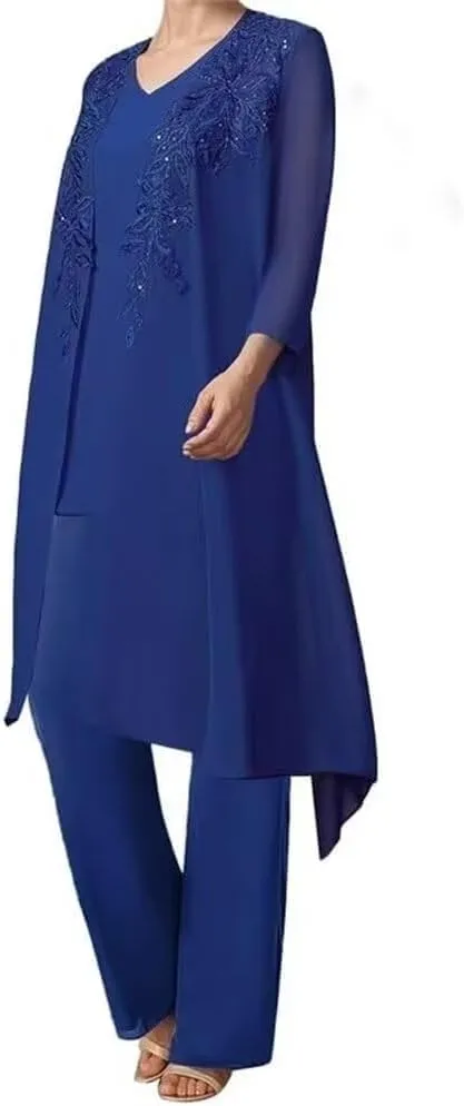 Pants Suits 3 Pieces Mother of The Bride Wedding Guest Dresses Chiffon with Jacket