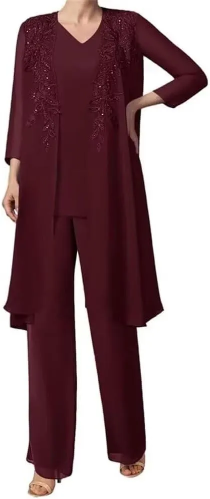 Pants Suits 3 Pieces Mother of The Bride Wedding Guest Dresses Chiffon with Jacket