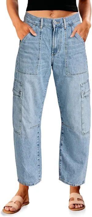 PLNOTME Womens Cargo Barrel Jeans High Waisted Boyfriend Baggy Denim Pants with 6 Pockets