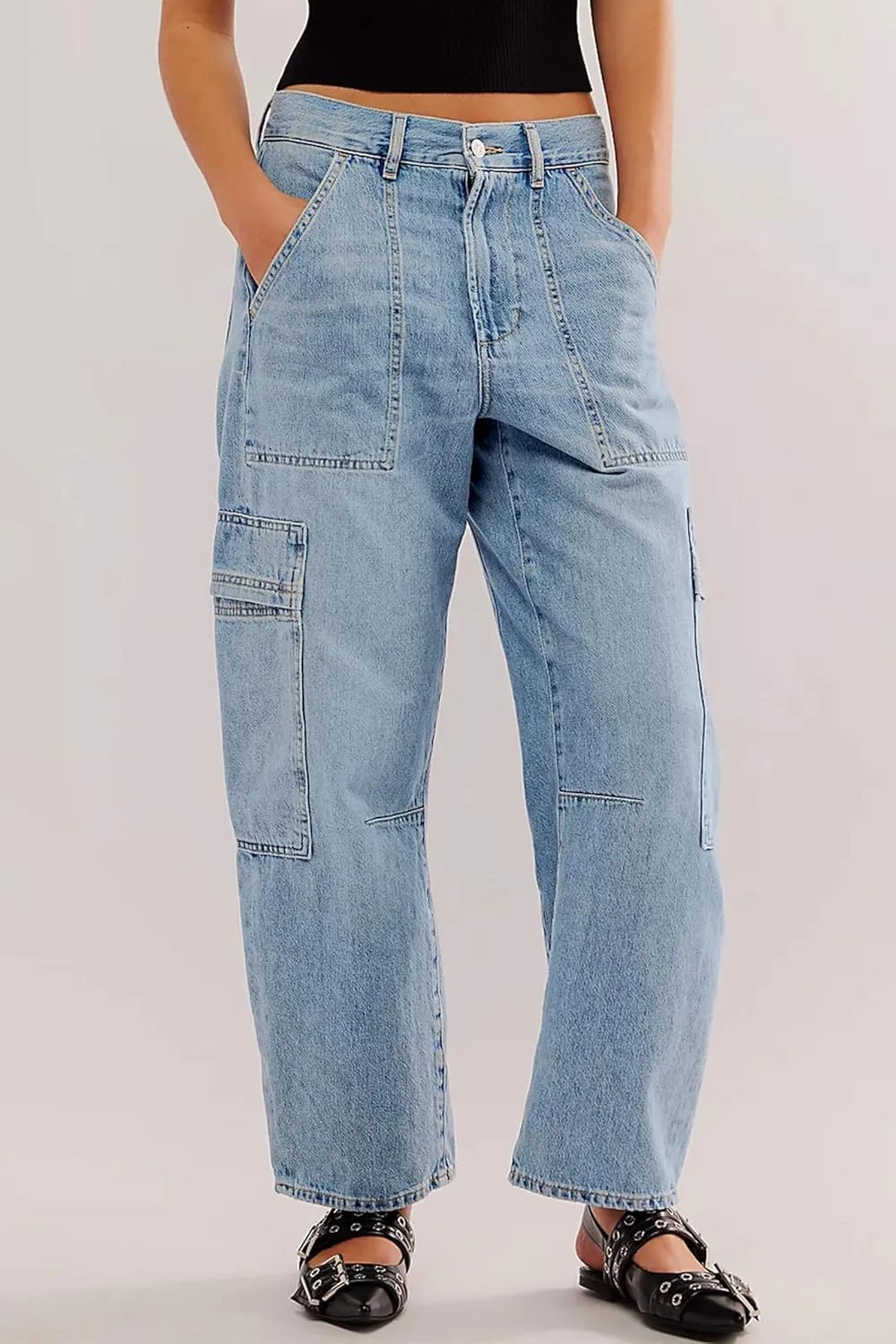 PLNOTME Womens Cargo Barrel Jeans High Waisted Boyfriend Baggy Denim Pants with 6 Pockets