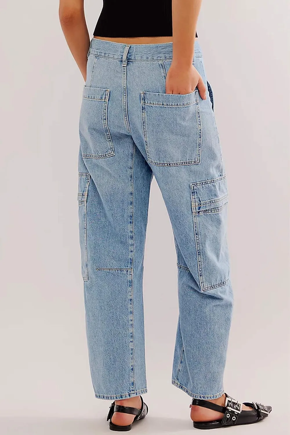 PLNOTME Womens Cargo Barrel Jeans High Waisted Boyfriend Baggy Denim Pants with 6 Pockets