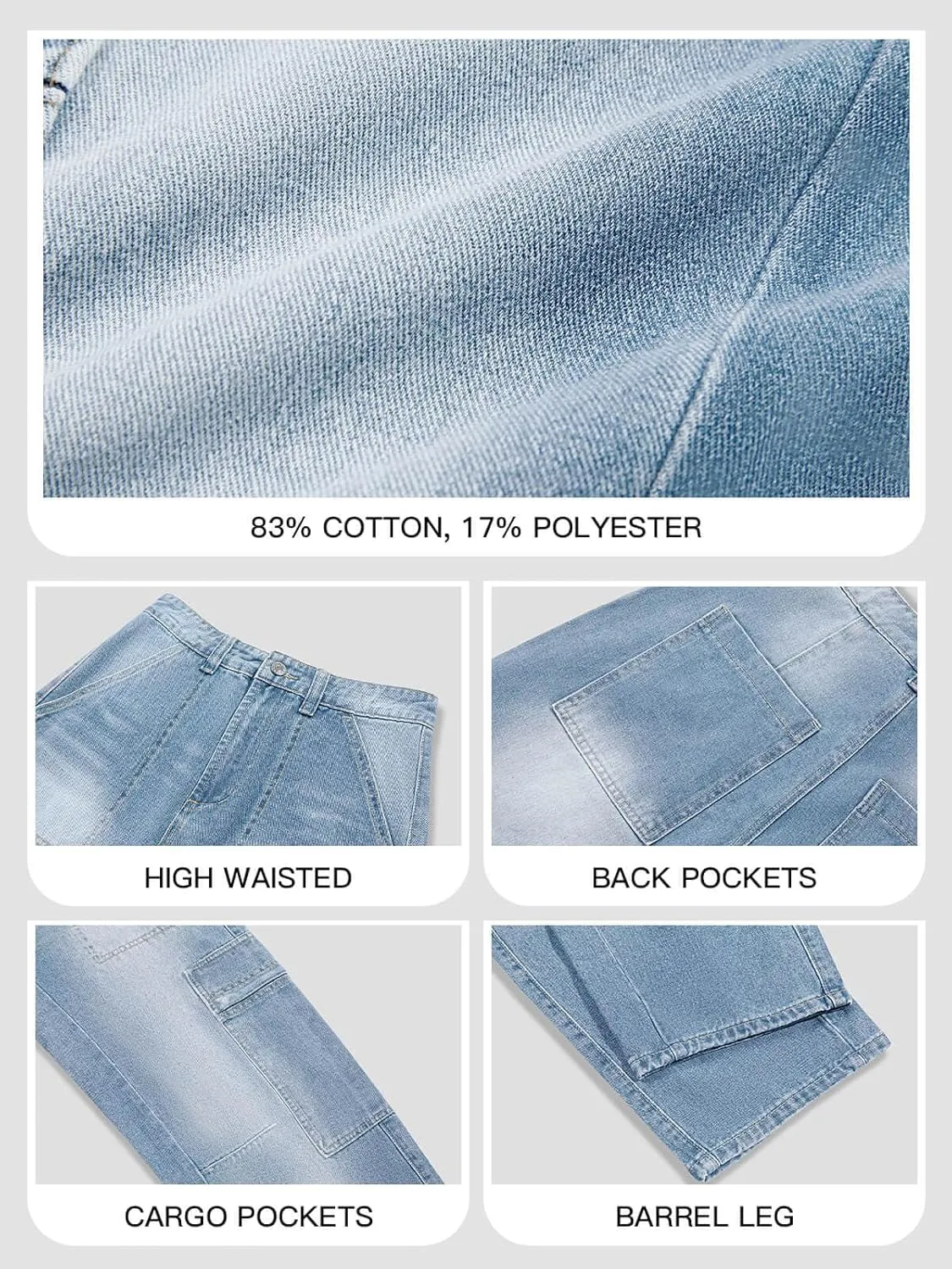 PLNOTME Womens Cargo Barrel Jeans High Waisted Boyfriend Baggy Denim Pants with 6 Pockets