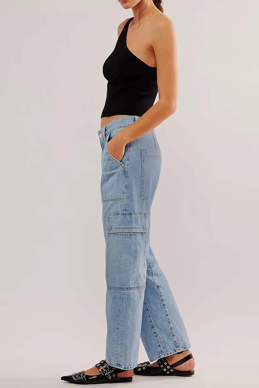PLNOTME Womens Cargo Barrel Jeans High Waisted Boyfriend Baggy Denim Pants with 6 Pockets
