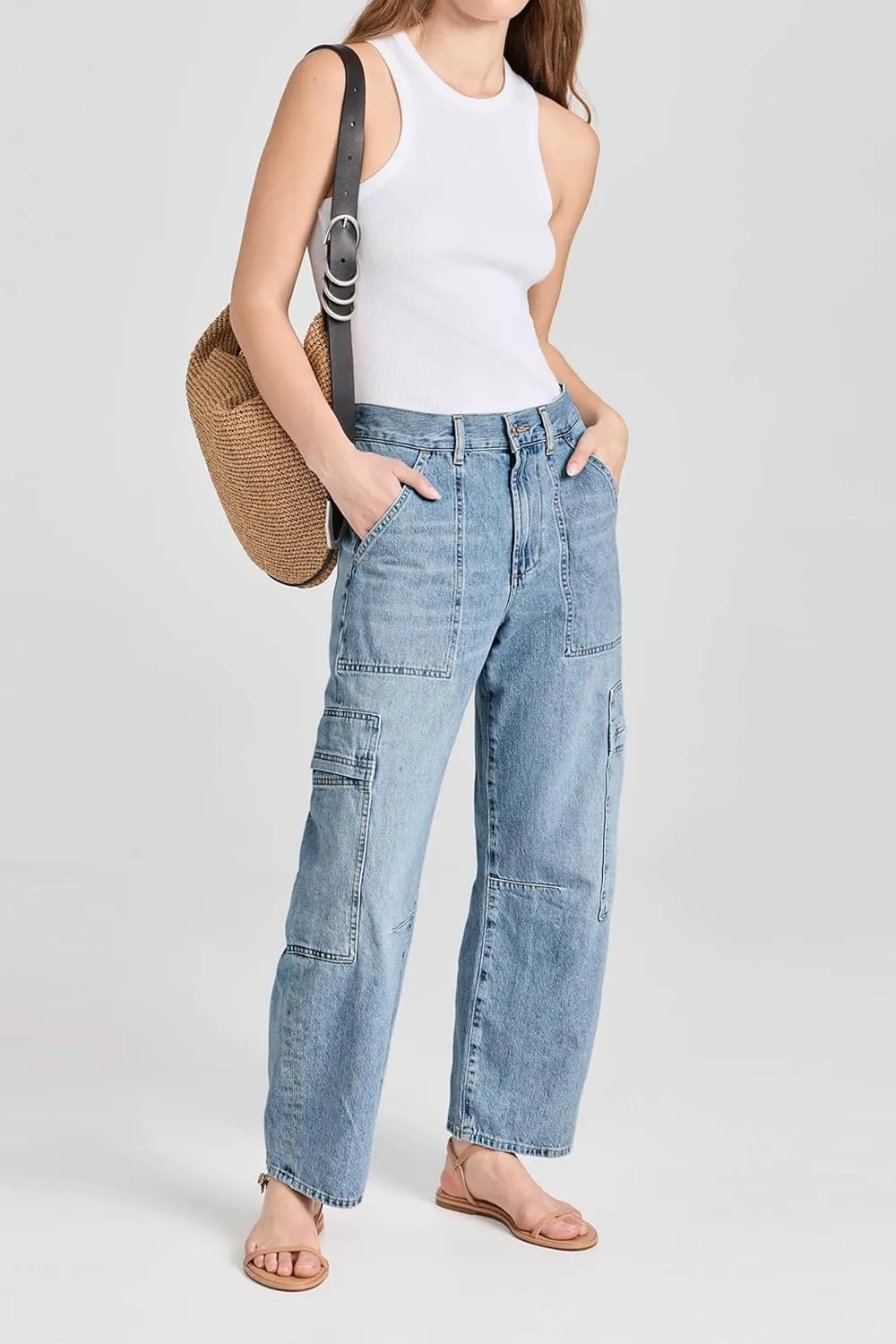 PLNOTME Womens Cargo Barrel Jeans High Waisted Boyfriend Baggy Denim Pants with 6 Pockets