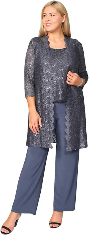 R&M Richards Mother of The Bride Pant Suit, 3 Pieces Dress Set | Sleeveless with Matching Lace Jacket