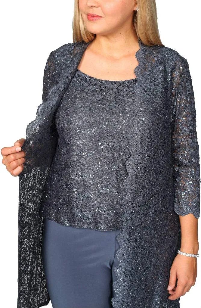 R&M Richards Mother of The Bride Pant Suit, 3 Pieces Dress Set | Sleeveless with Matching Lace Jacket