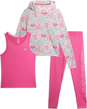 RBX Girls' Active Pants Set - 3 Piece Fleece Hoodie, Tank Top, and Leggings (Size: 7-16)