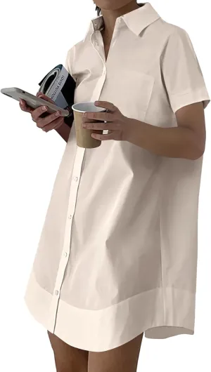 Rooscier Women's Casual Shirt Dress Collar V Neck Button Down Short Sleeve Loose Mini Dresses