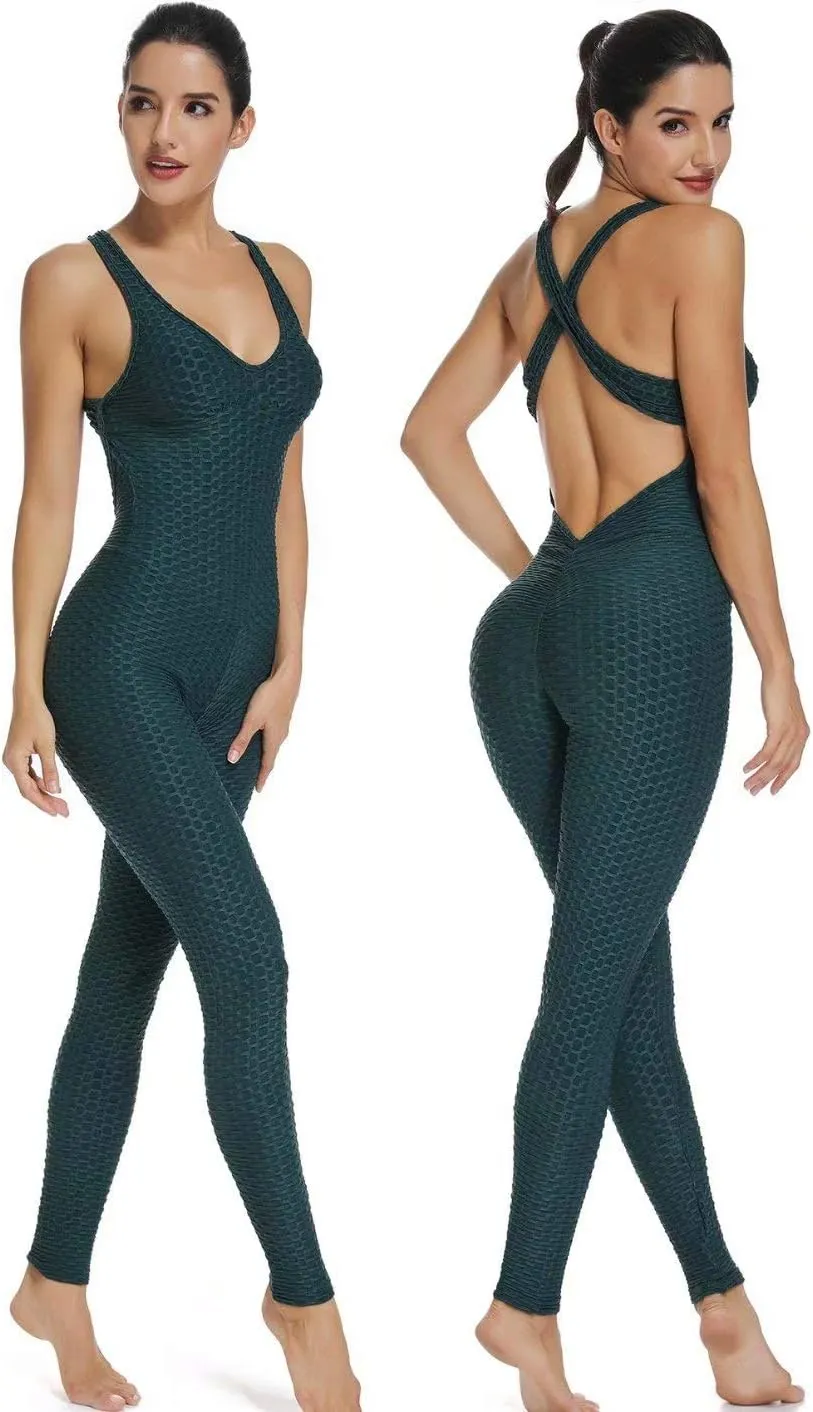 SEASUM Women Texture Bodysuit Sleevesless Sport One-Piece Backless Sexy Slimming Bodycon Rompers Jumpsuit M