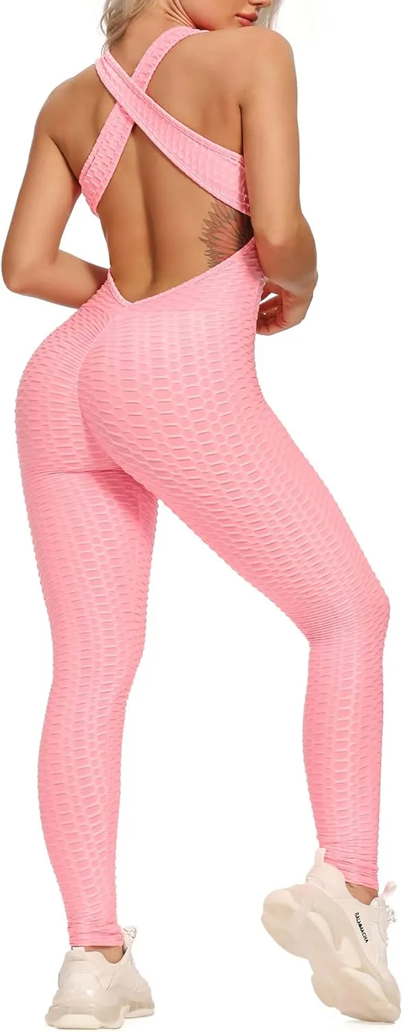 SEASUM Women Texture Bodysuit Sleevesless Sport One-Piece Backless Sexy Slimming Bodycon Rompers Jumpsuit M