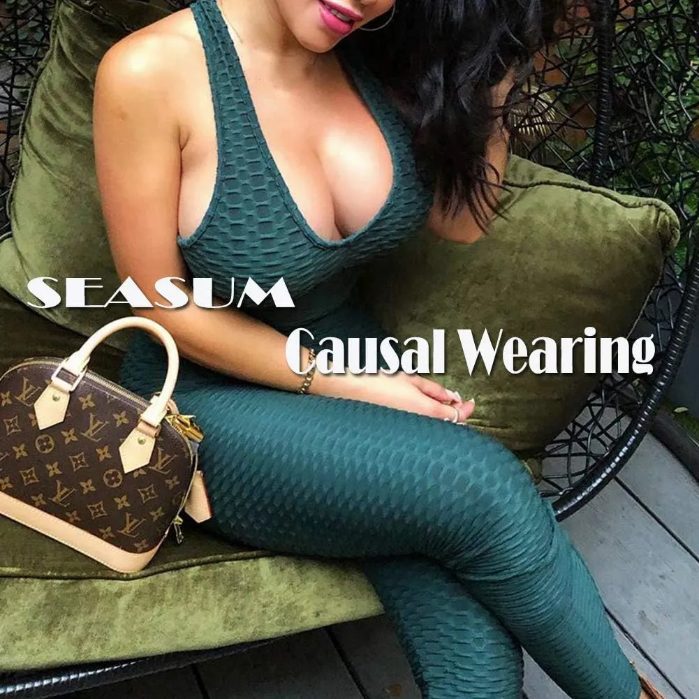 SEASUM Women Texture Bodysuit Sleevesless Sport One-Piece Backless Sexy Slimming Bodycon Rompers Jumpsuit M