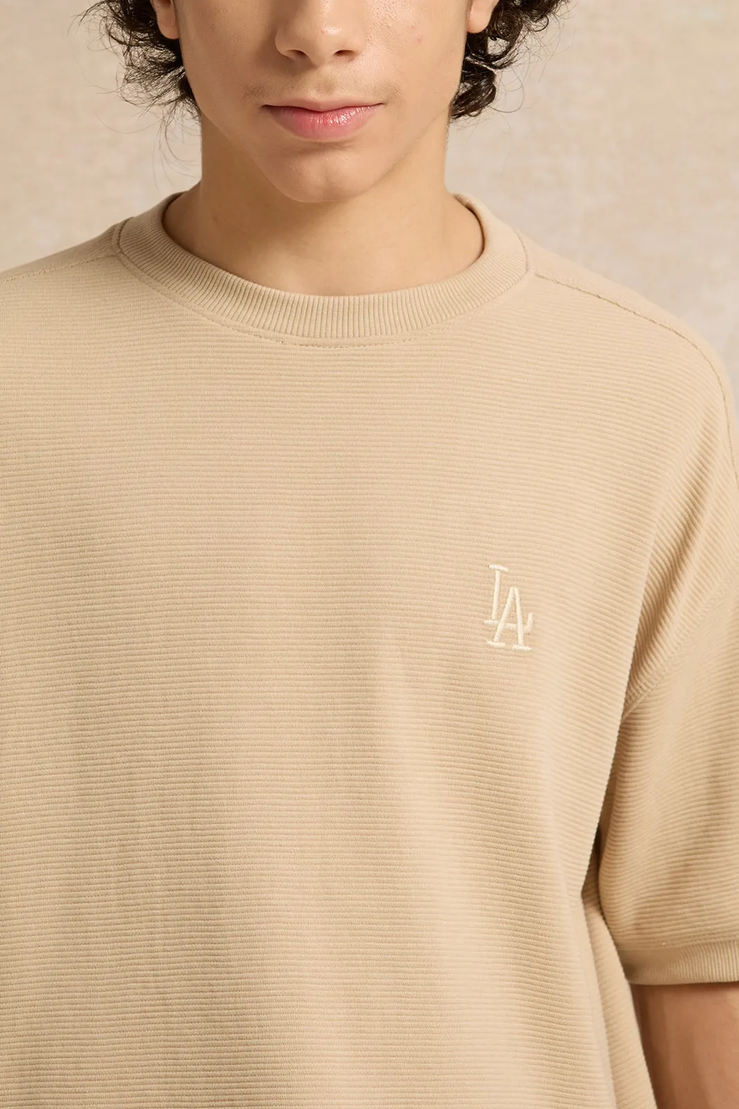 Senior Boys Beige Jacquard Oversize T-Shirt