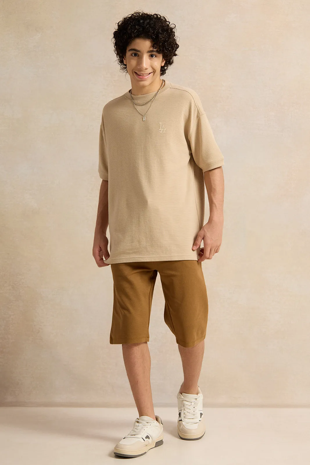 Senior Boys Beige Jacquard Oversize T-Shirt
