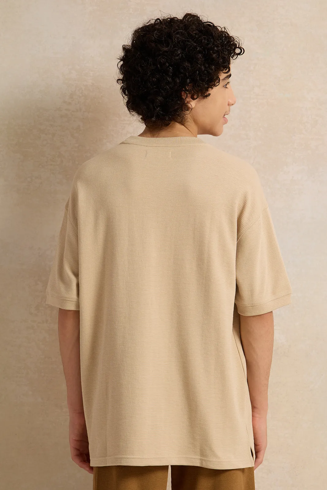 Senior Boys Beige Jacquard Oversize T-Shirt