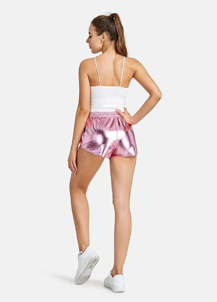 Shiny Metallic Sexy Shorts Women High Waist Reflective Pants Sparkly Outfit Elastic Waist Rave Dance Party