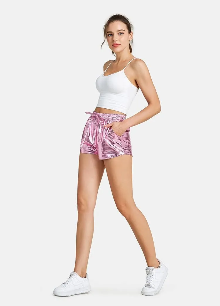 Shiny Metallic Sexy Shorts Women High Waist Reflective Pants Sparkly Outfit Elastic Waist Rave Dance Party