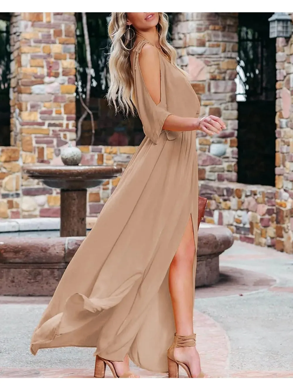 Side Split & High-Waisted Cold Shoulder Maxi Dress